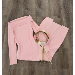 Women's Set  Pink Ribbed Knit Off Shoulder Maxi Dress Baby Shower Mom-to-Be L